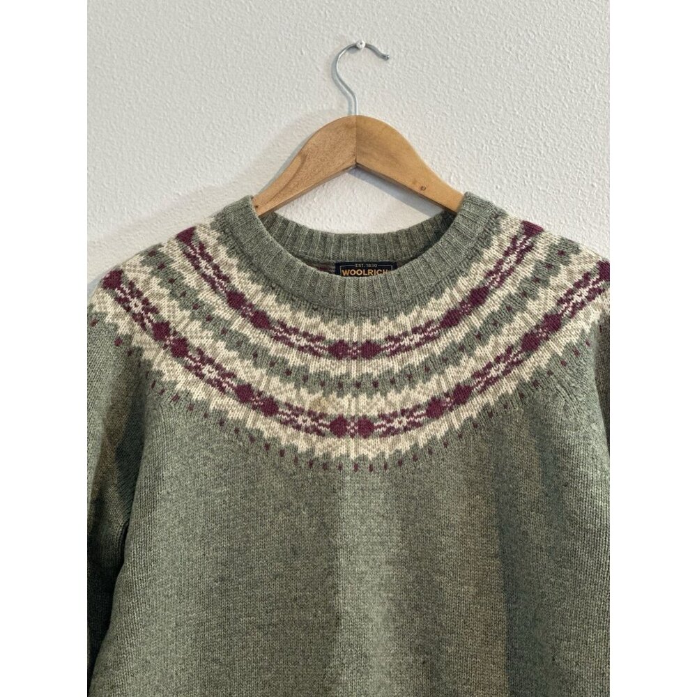 Woolrich Knit Wool Sweater womens size M Green crew Neck Fair Isle ski Willow - Picture 3 of 12